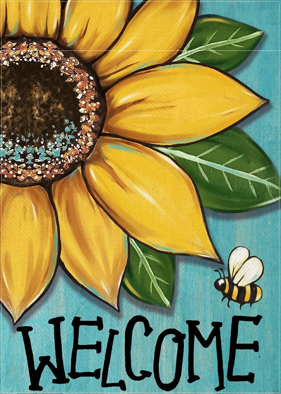 Welcome Spring Summer Sunflower Decorative Garden Flag, Floral Bumble Bee Blue Yard Outside Decorations